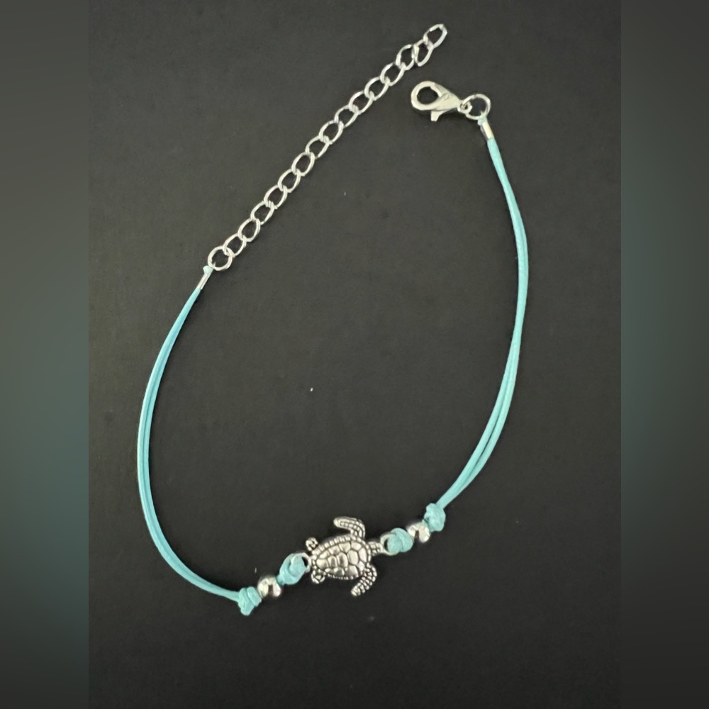 Beach Themed Anklet Turquoise Cord with a Silver toned SeaTurtle Charm